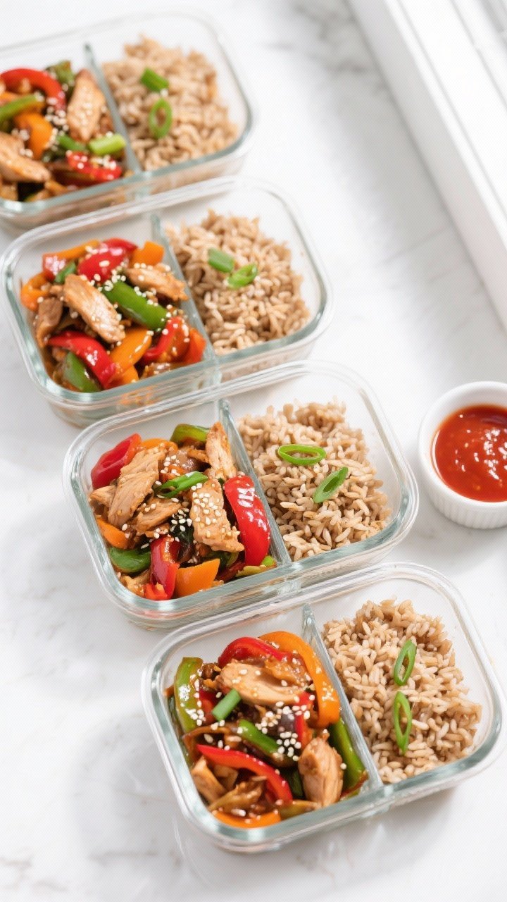 Final dish, overhead meal-prep presentation: High Protein Asian Turkey Stir-Fry neatly portioned int