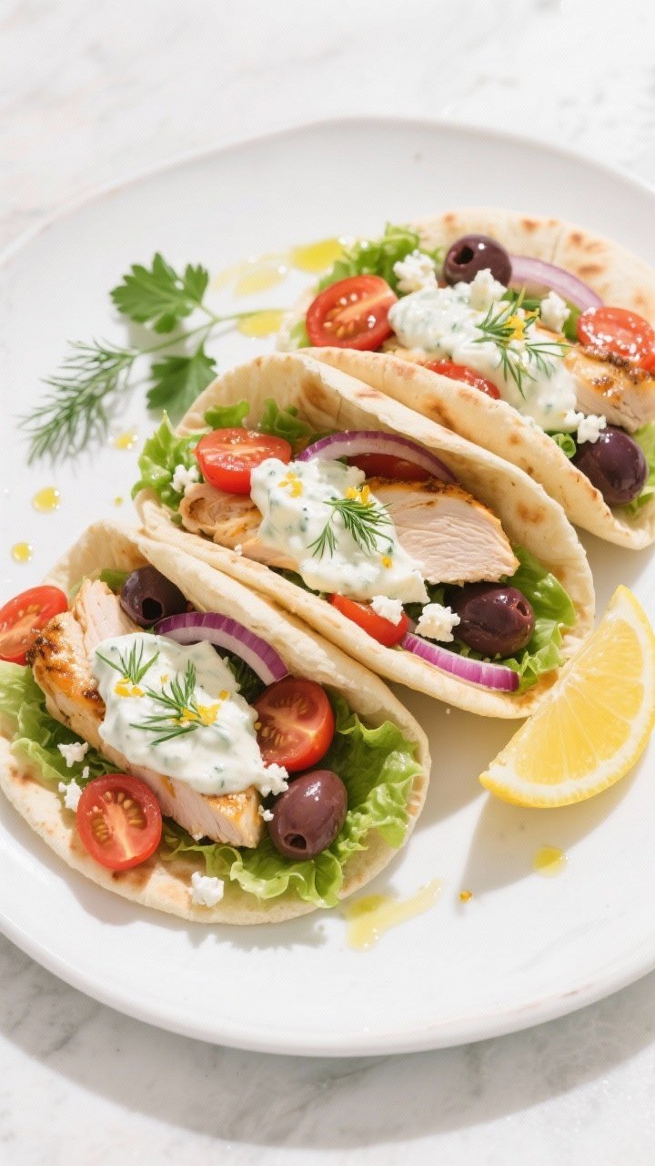 Final dish overhead: Overhead shot of assembled Greek chicken pitas on a matte white platter—warm,