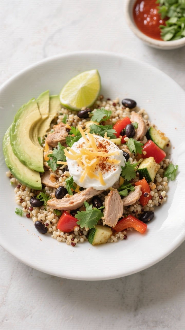 Final dish, overhead: Overhead shot of the finished High Protein Turkey & Quinoa Skillet served in a
