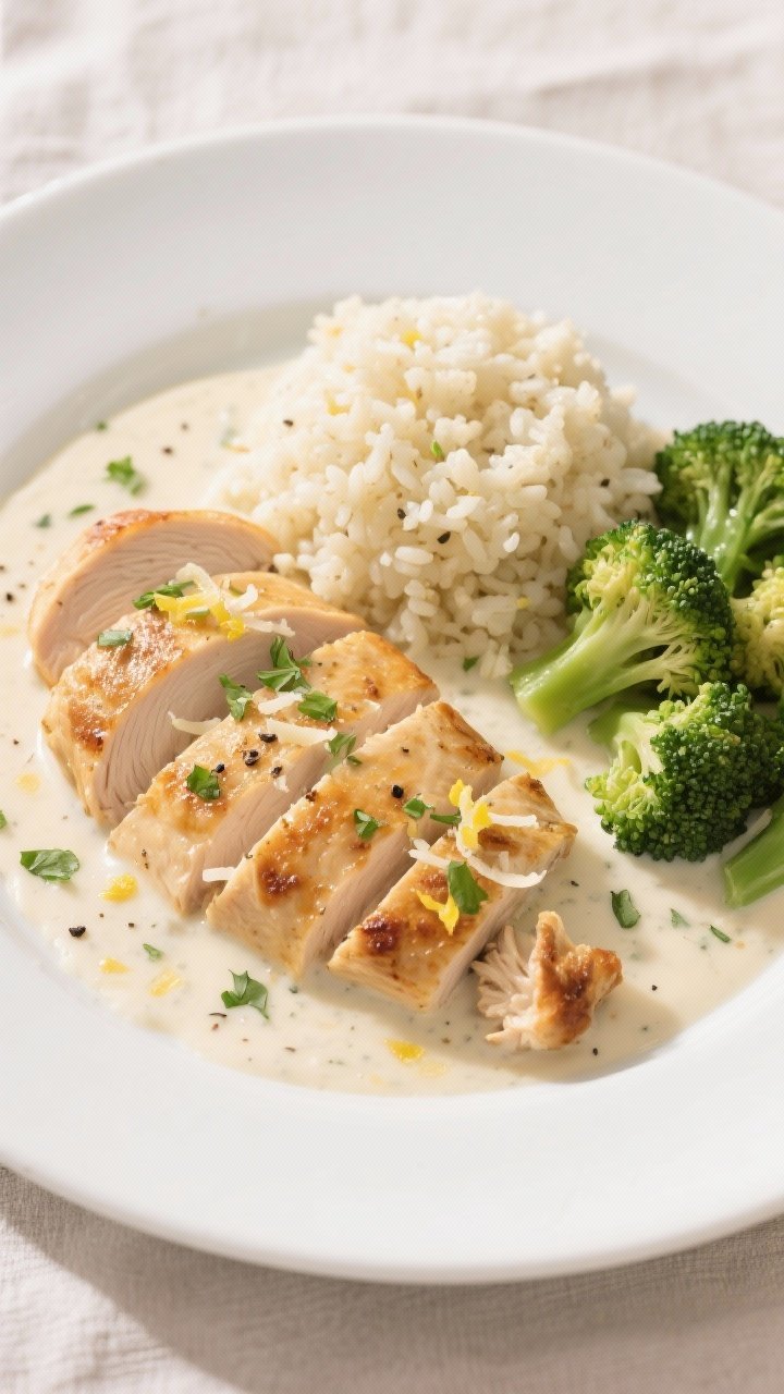 Final dish, overhead plated presentation: High Protein Creamy Garlic Chicken plated restaurant-style