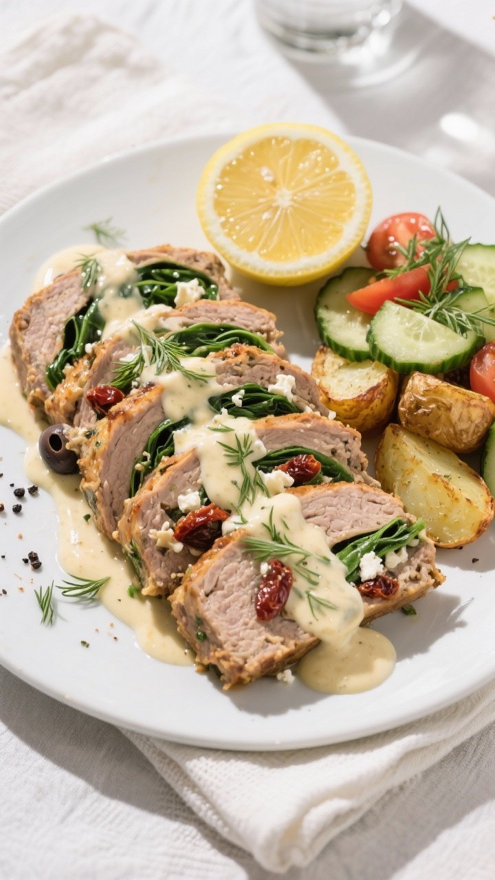 Final dish, overhead plated presentation: Overhead shot of sliced Greek turkey meatloaf fanned on a