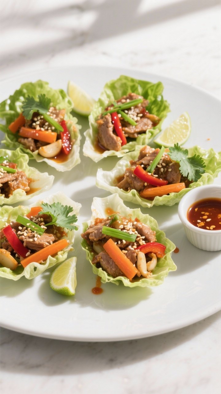 Final dish, overhead plated shot: Beautifully arranged Asian turkey lettuce cups on a large matte wh