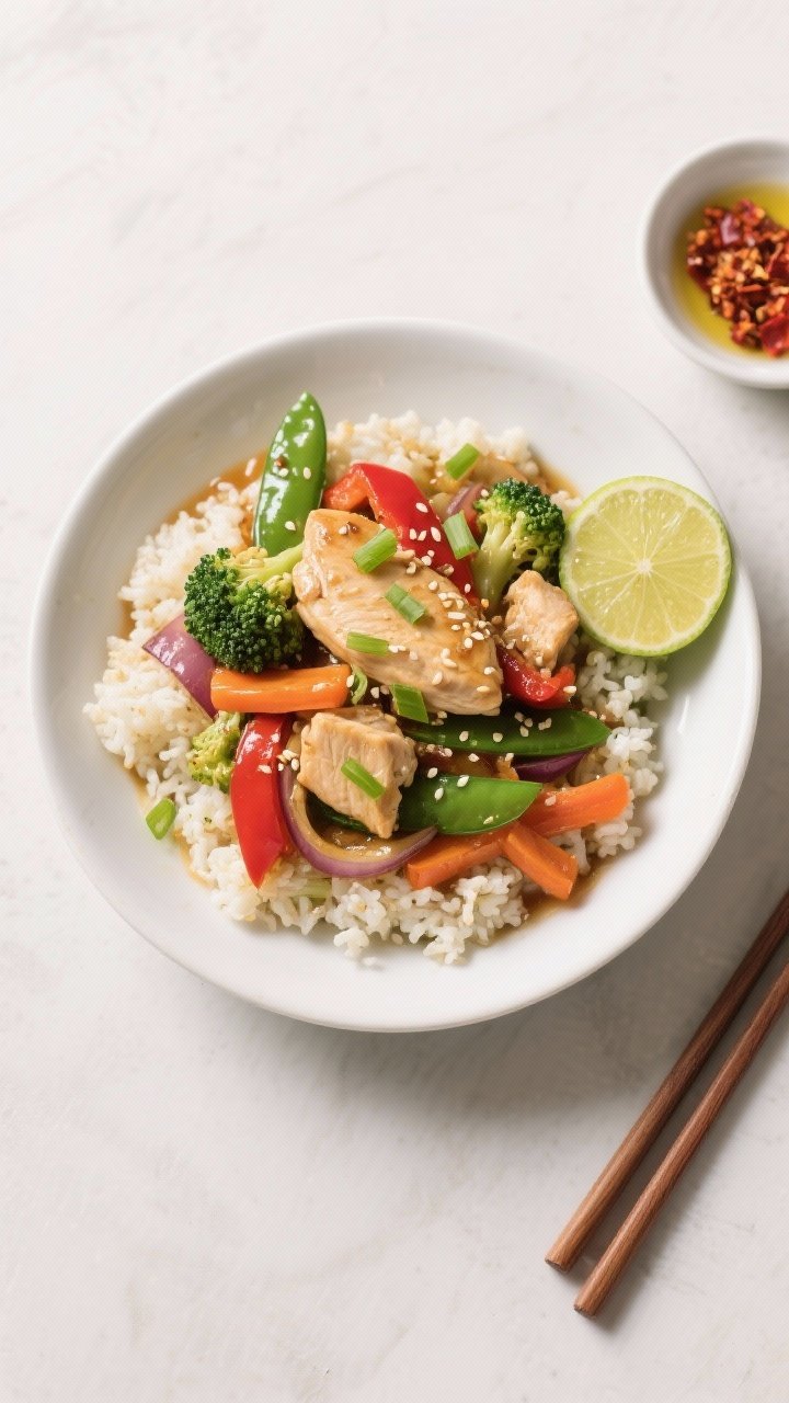 Final dish, overhead plated shot: Beautifully plated low-calorie chicken and veggie stir-fry over fl