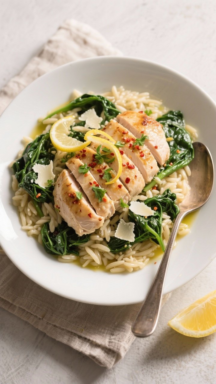Final dish, overhead plated shot: One-pan chicken, spinach & orzo plated bistro-style in a wide, sha