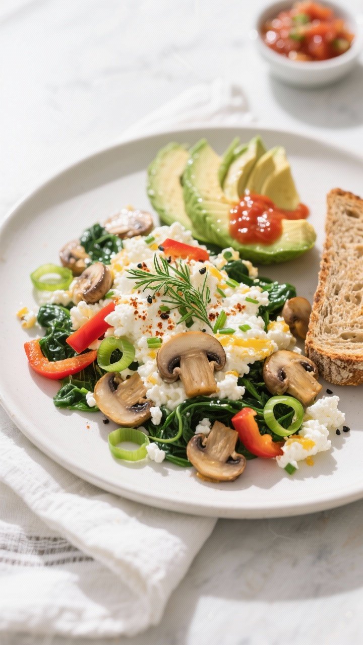 Final dish, overhead plated shot: Overhead shot of the finished cottage cheese egg white breakfast s