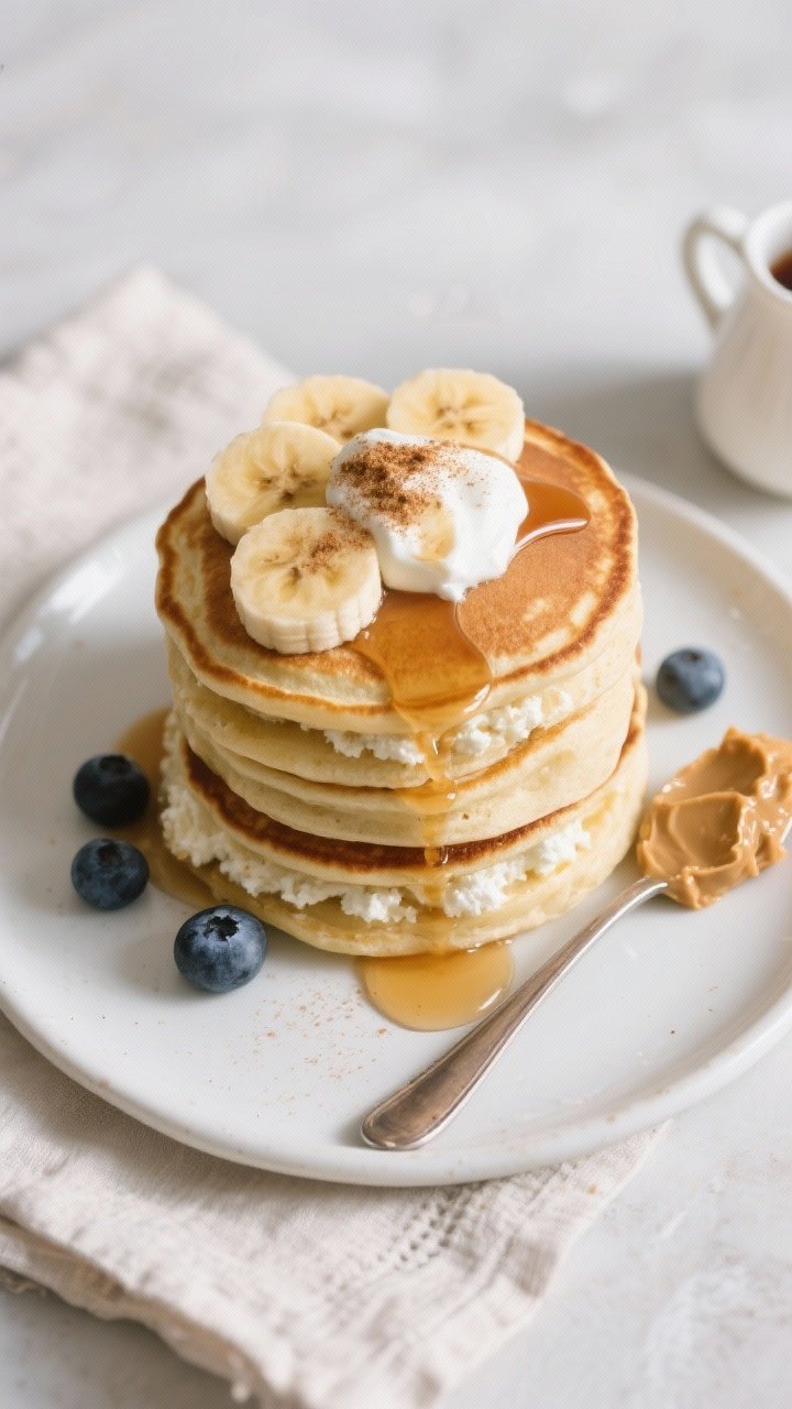 Final dish, overhead plated stack: Overhead shot of a tall stack of cottage cheese banana pancakes o