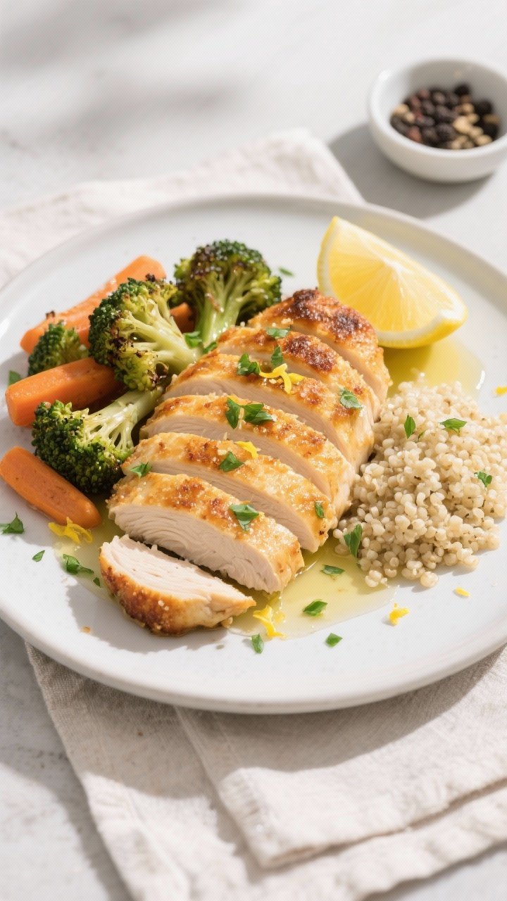 Final dish/overhead presentation: Overhead shot of sliced baked Parmesan chicken arranged in a neat