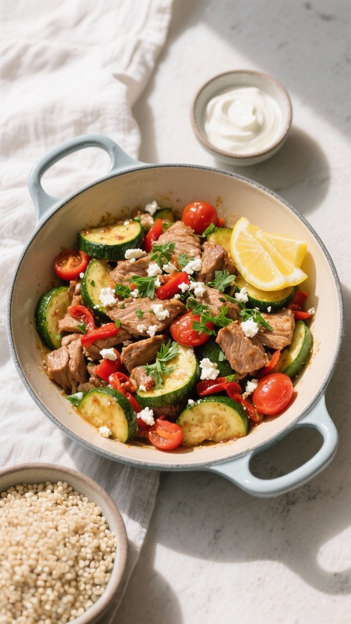 Final dish, : Overhead shot of Healthy High Protein Turkey Zucchini Skillet served family-style in a