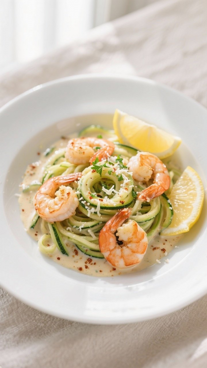 Final dish — Overhead shot of Healthy Low Calorie Creamy Garlic Shrimp elegantly plated over zucch