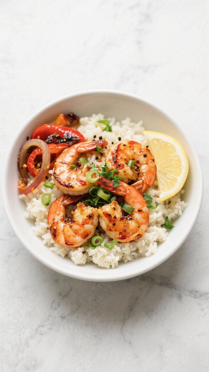 Final dish overhead: Spicy Cajun shrimp bowl served over fluffy cauliflower rice, ; vibrant garnishe