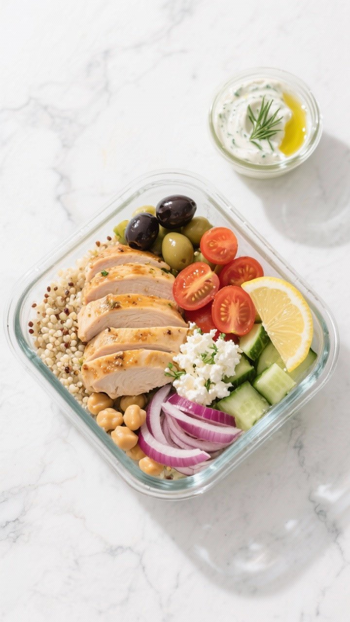 Final dish overhead: Tasty top-down shot of assembled High Protein Mediterranean Chicken Meal Prep B