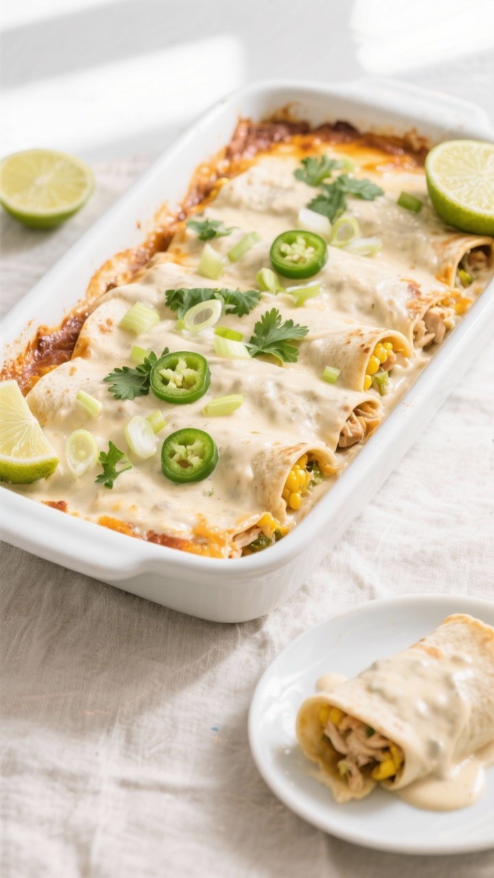 Final dish overhead: Top-down shot of a 9x13 baking dish of Skinny Creamy Chicken Enchiladas fresh f