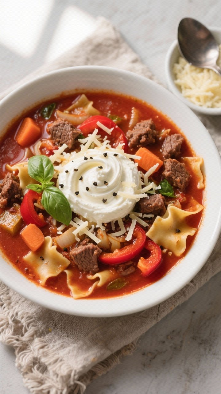 Final dish, overhead: Top-down shot of a hearty bowl of Healthy Beef Lasagna Soup, richly red tomato