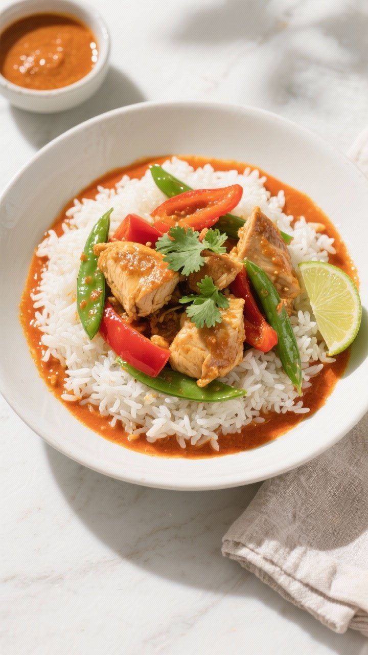 Final dish — Overhead top-down shot of Coconut Curry Chicken served over fluffy jasmine rice in a