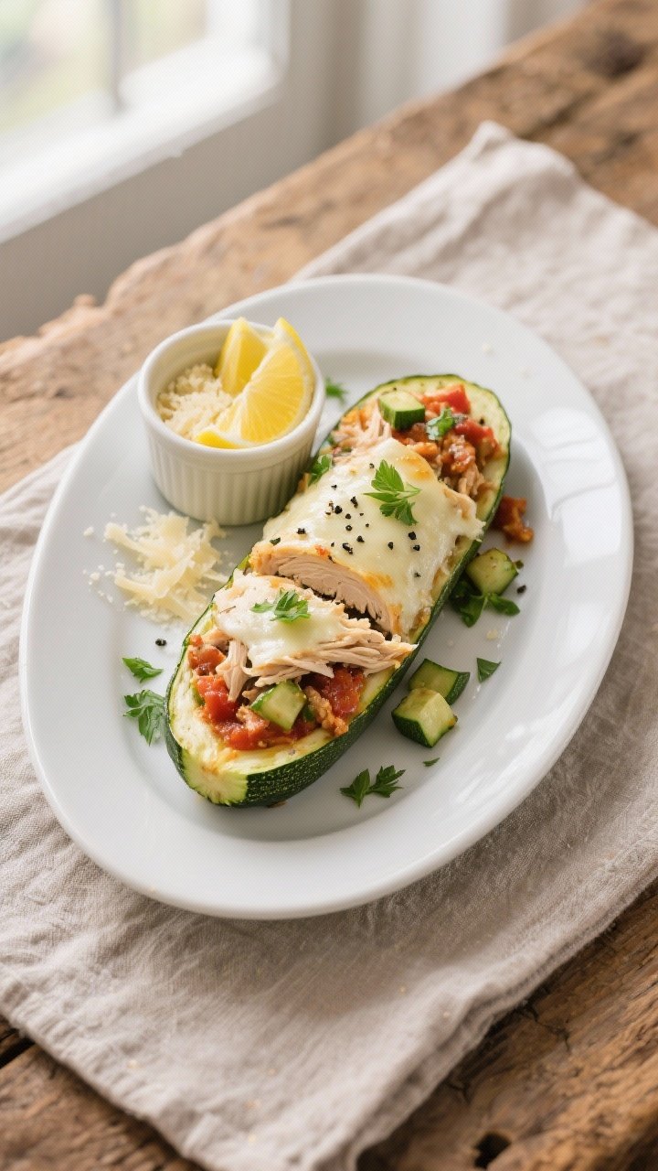 Final dish, overhead top view: Beautifully plated Chicken Stuffed Zucchini Boats on a matte white ov