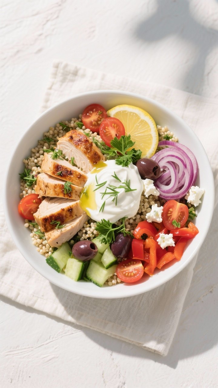 Final dish, overhead top view: Mediterranean chicken bowl beautifully assembled with herby quinoa ba