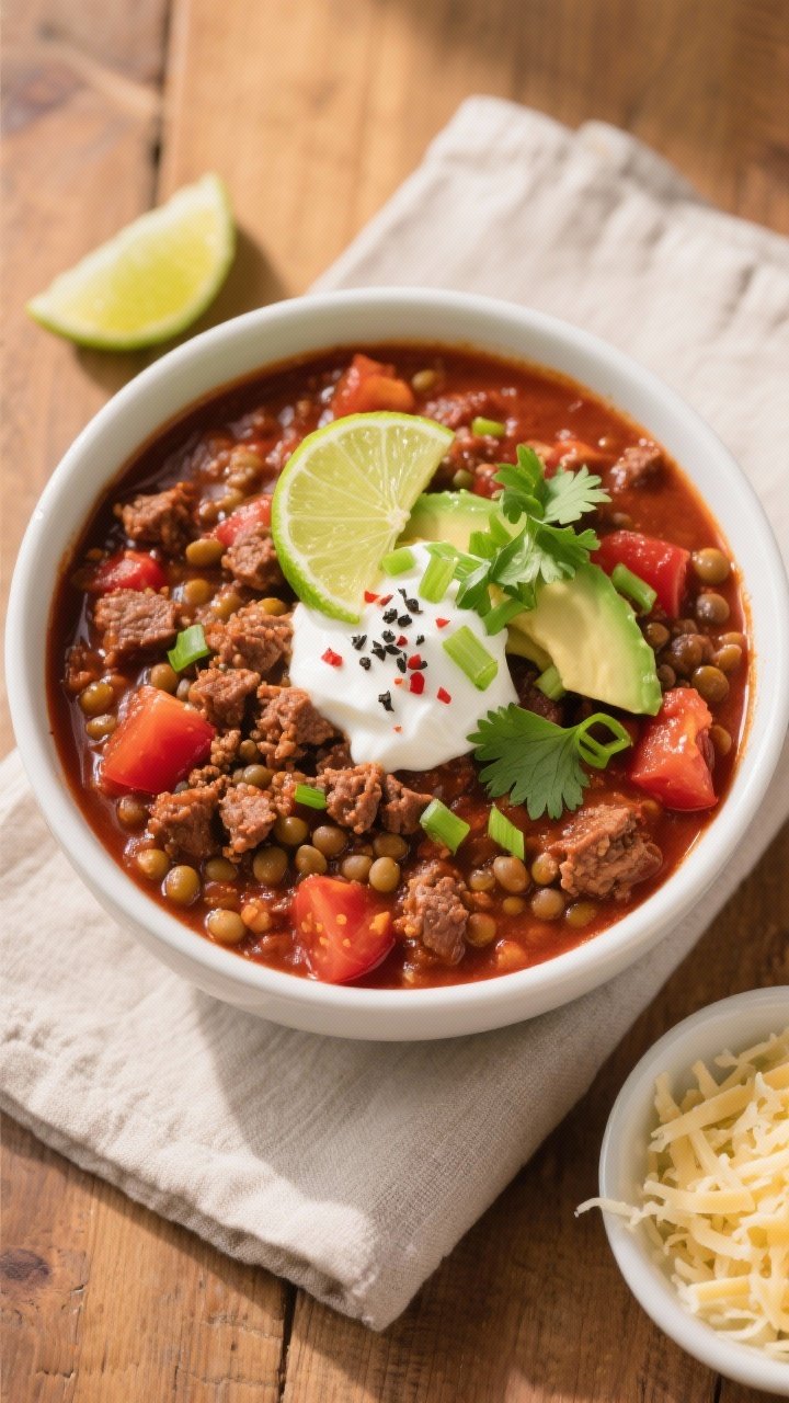 Final dish, overhead top view: Overhead shot of a generously filled bowl of Healthy Beef & Lentil Ch