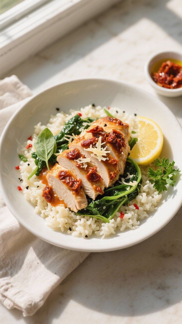 Final dish, overhead top-view: Sun-Dried Tomato Chicken over lemon-zested cauliflower rice in a wide