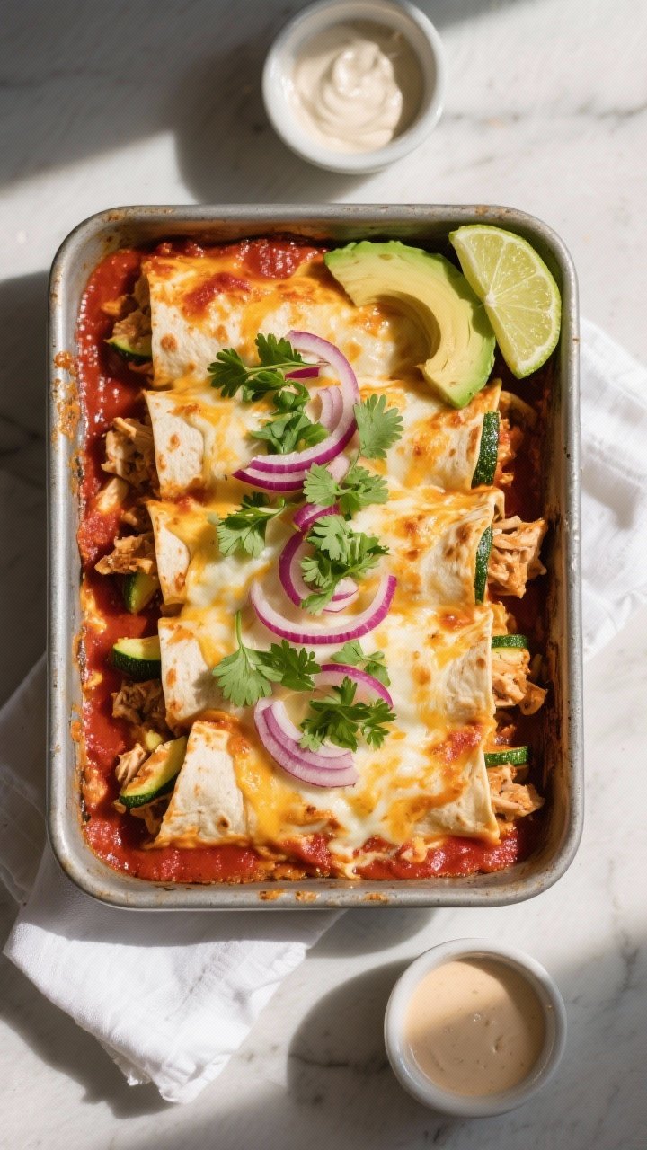Final dish, tasty top view: Overhead shot of a 9x13 baked pan of Mexican-style chicken and zucchini 