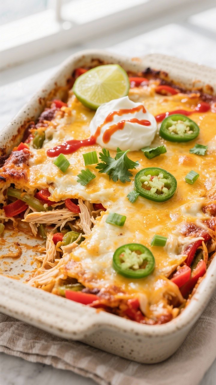 Final dish, tasty top view: Overhead shot of a 9x13 low-carb chicken enchilada casserole just out of