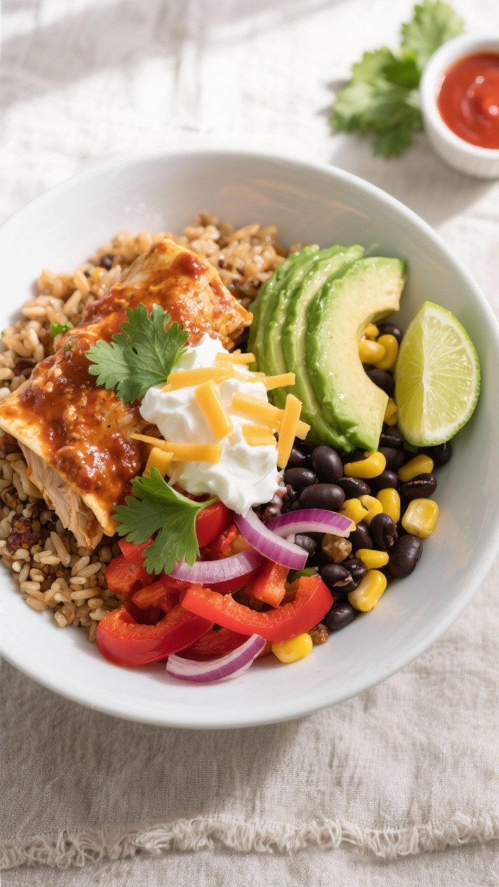 Final dish, tasty top view: Overhead shot of a Healthy High Protein Chicken Enchilada Bowl beautiful
