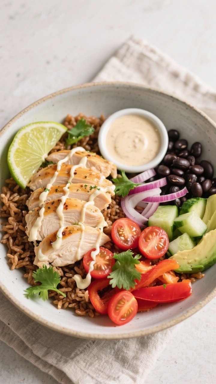 Final dish, tasty top view: Overhead shot of a Healthy High Protein Garlic Lime Chicken Bowl assembl