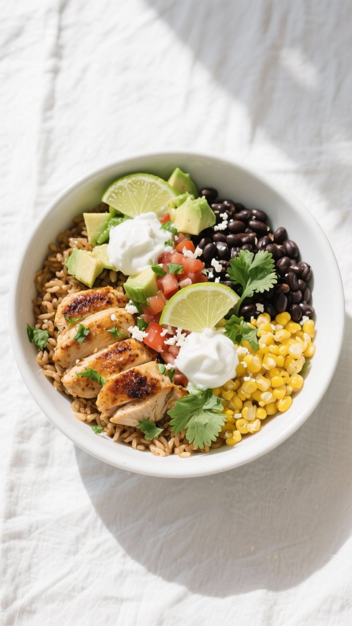 Final dish, tasty top view: Overhead shot of a vibrant chicken burrito bowl arranged in neat quadran