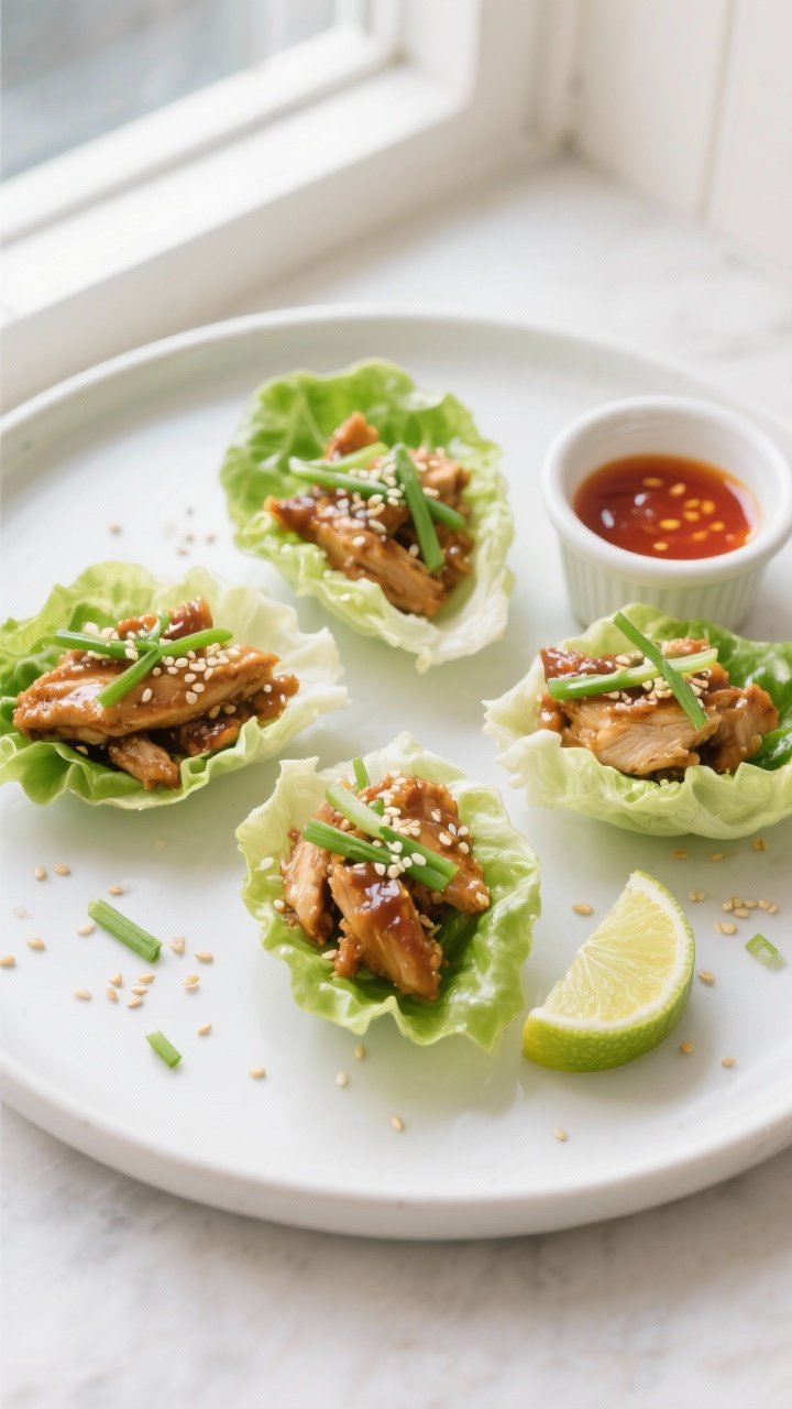 Final dish, tasty top view: Overhead shot of assembled chicken lettuce wraps on a matte white platte