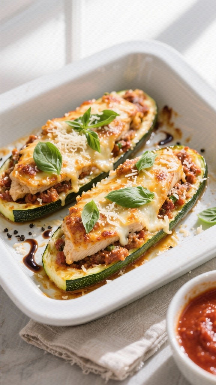 Final dish, tasty top view: Overhead shot of baked Chicken Parmesan Stuffed Zucchini Boats in a 9x13