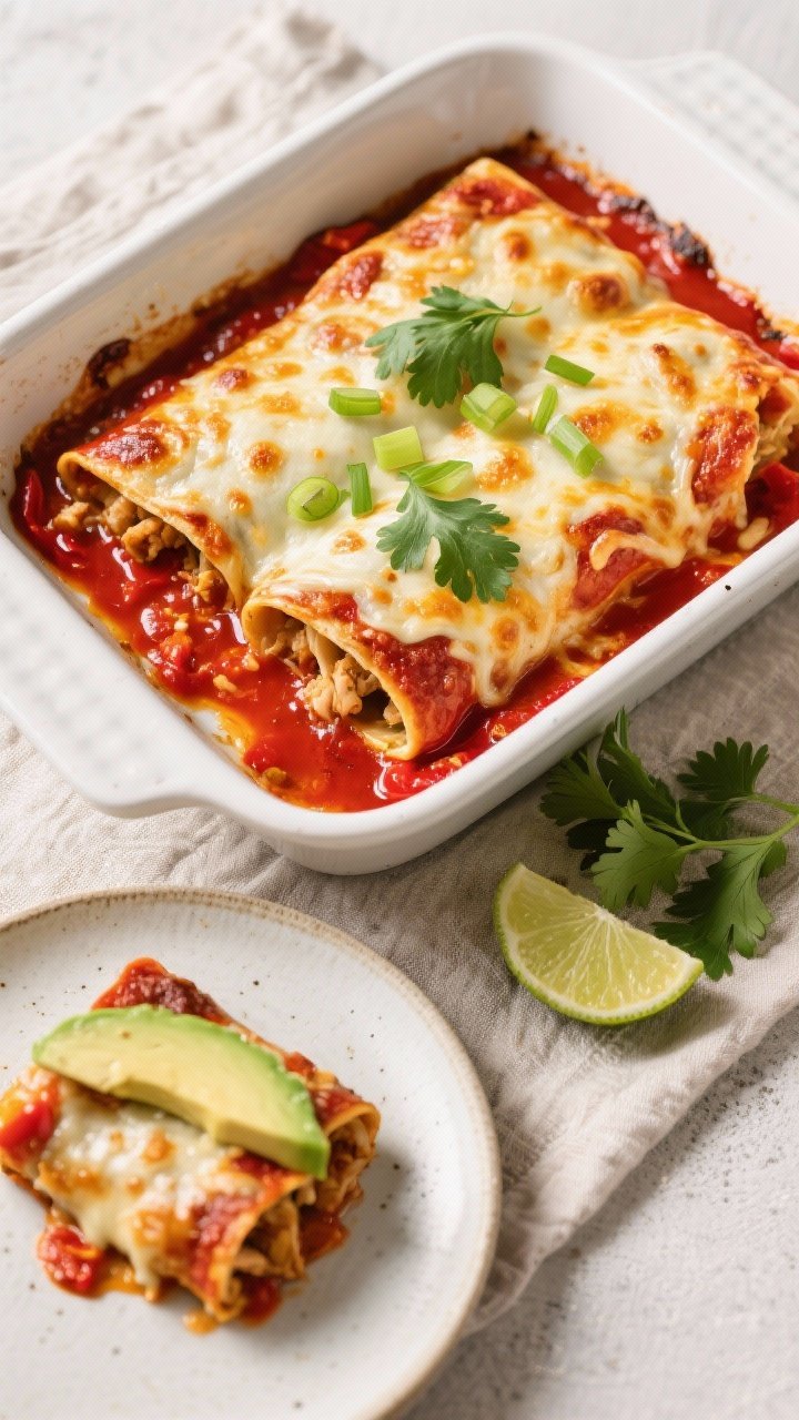Final dish, tasty top view: Overhead shot of baked chicken enchiladas just out of the oven, cheese m