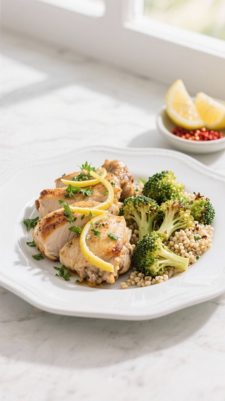 Final dish, tasty top view: Overhead shot of beautifully plated High Protein Garlic Herb Chicken Thi