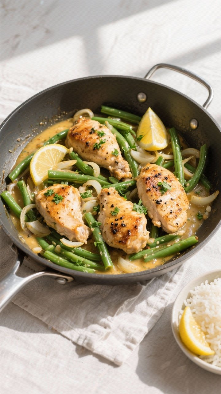 Final dish, tasty top view: Overhead shot of Chicken & Green Bean Skillet plated family-style in the