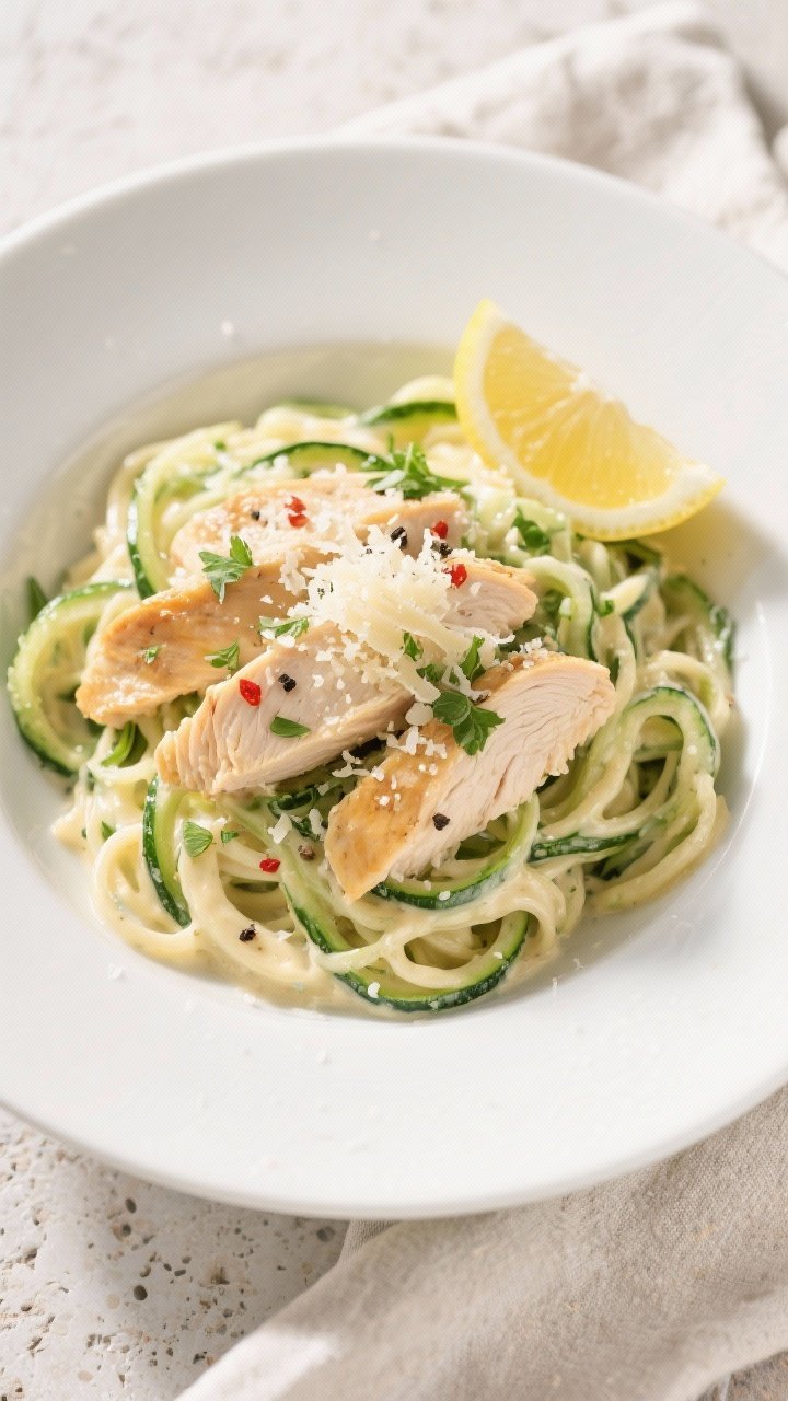 Final dish, tasty top view: Overhead shot of Chicken Zucchini Noodle Alfredo plated in a wide white 