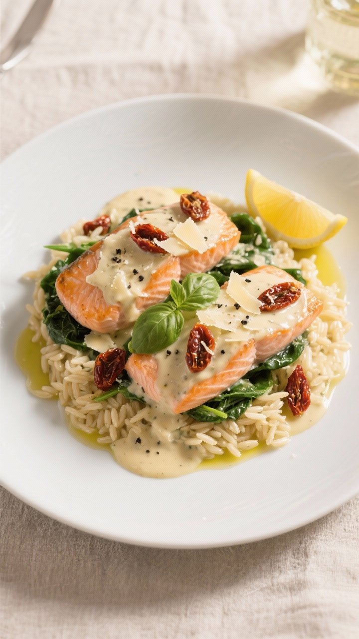 Final dish, tasty top view: Overhead shot of creamy Tuscan salmon plated restaurant-style—two salm