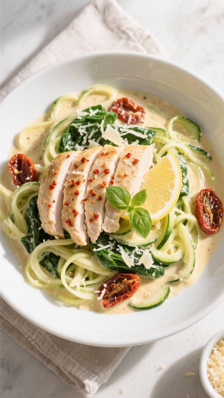 Final dish, tasty top view: Overhead shot of Creamy Healthy Low Calorie Tuscan Chicken plated in a w