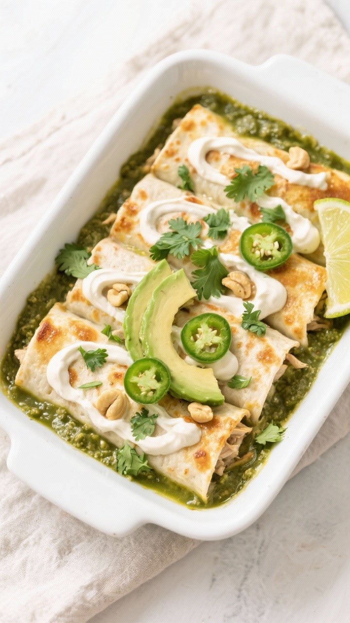 Final dish, tasty top view: Overhead shot of Dairy-Free Cilantro Lime Chicken Enchiladas fresh from 