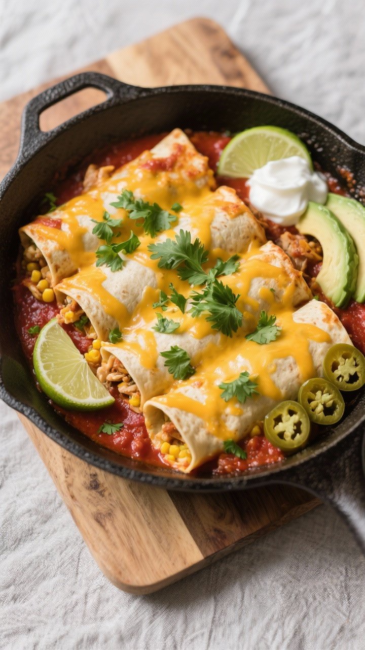 Final dish, tasty top view: Overhead shot of finished one-pan healthy chicken enchiladas still in th