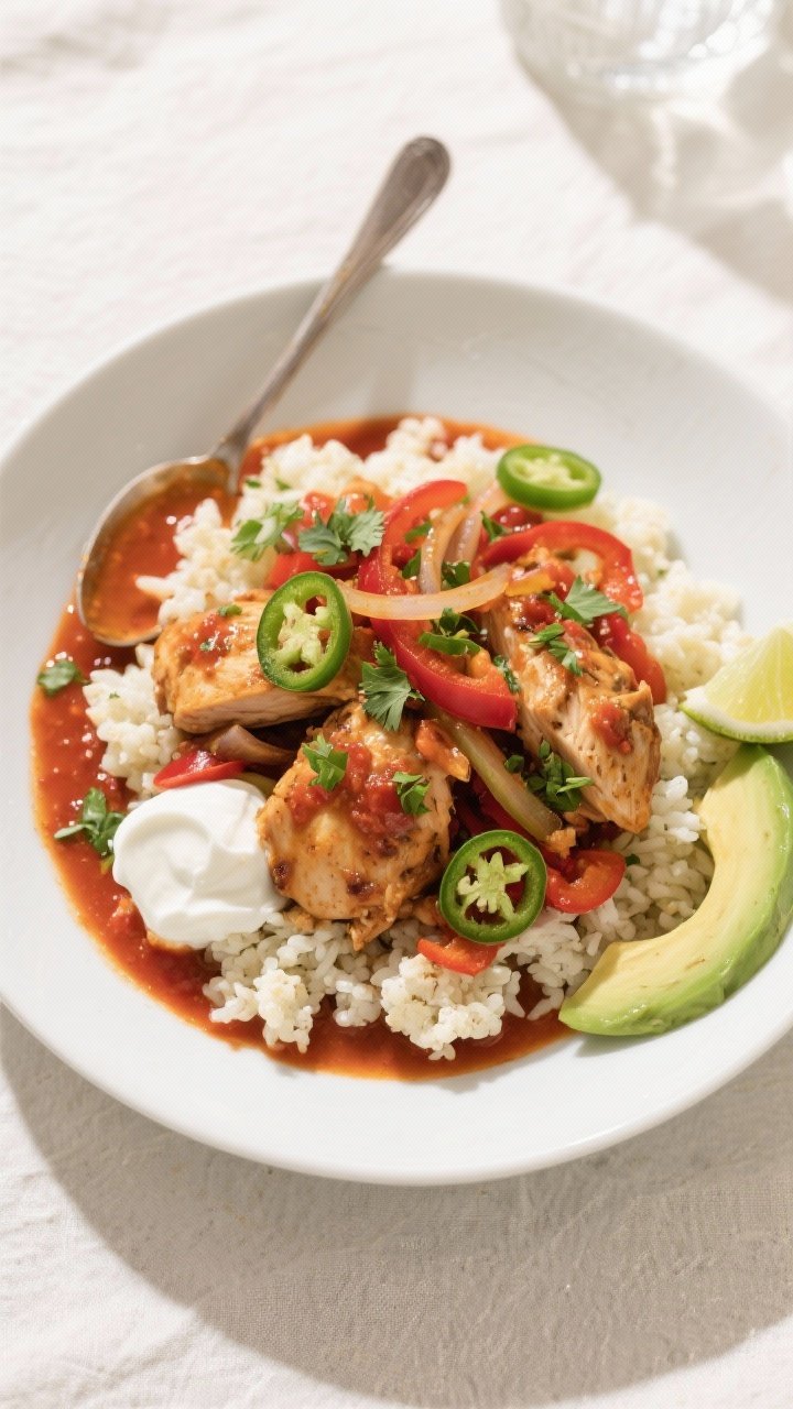 Final dish, tasty top view: Overhead shot of Fire-Roasted Salsa Chicken served over fluffy cauliflow