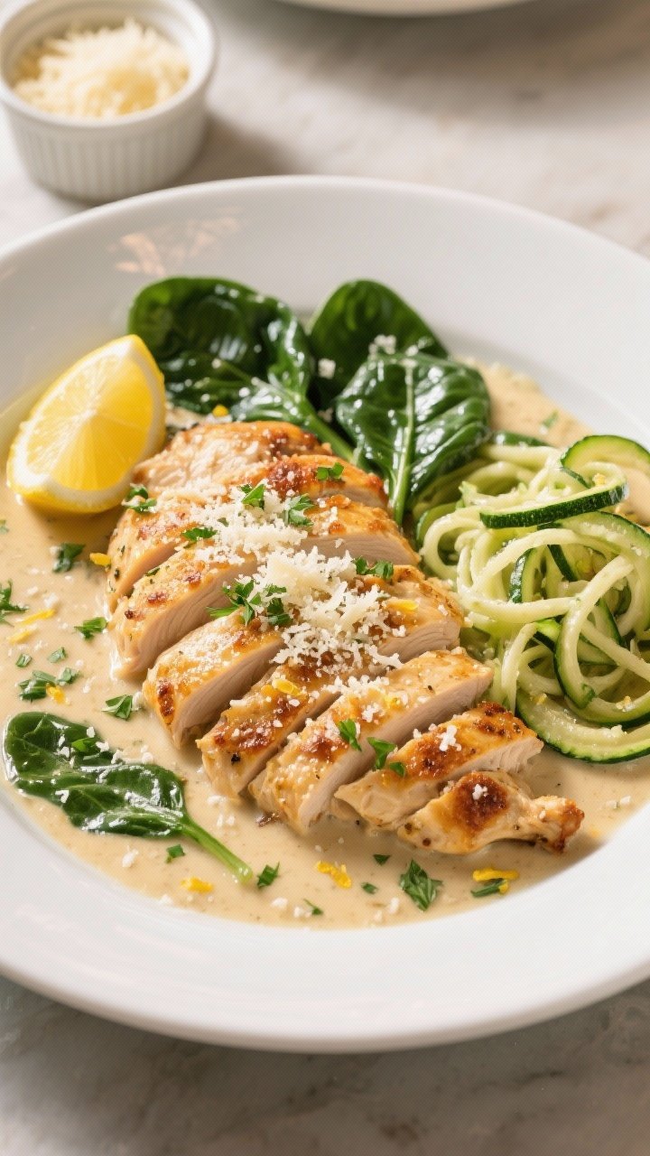 Final dish, tasty top view: Overhead shot of Garlic Parmesan Chicken Skillet plated with sliced chic