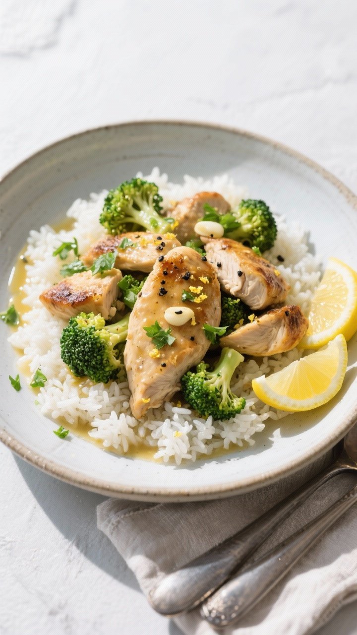 Final dish, tasty top view: Overhead shot of Garlic Butter Chicken and Broccoli Skillet plated over 