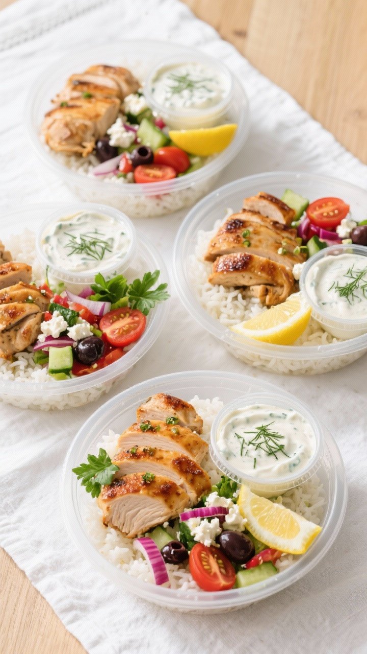 Final dish, tasty top view: Overhead shot of Greek Chicken Meal Prep Bowls assembled in four clear c