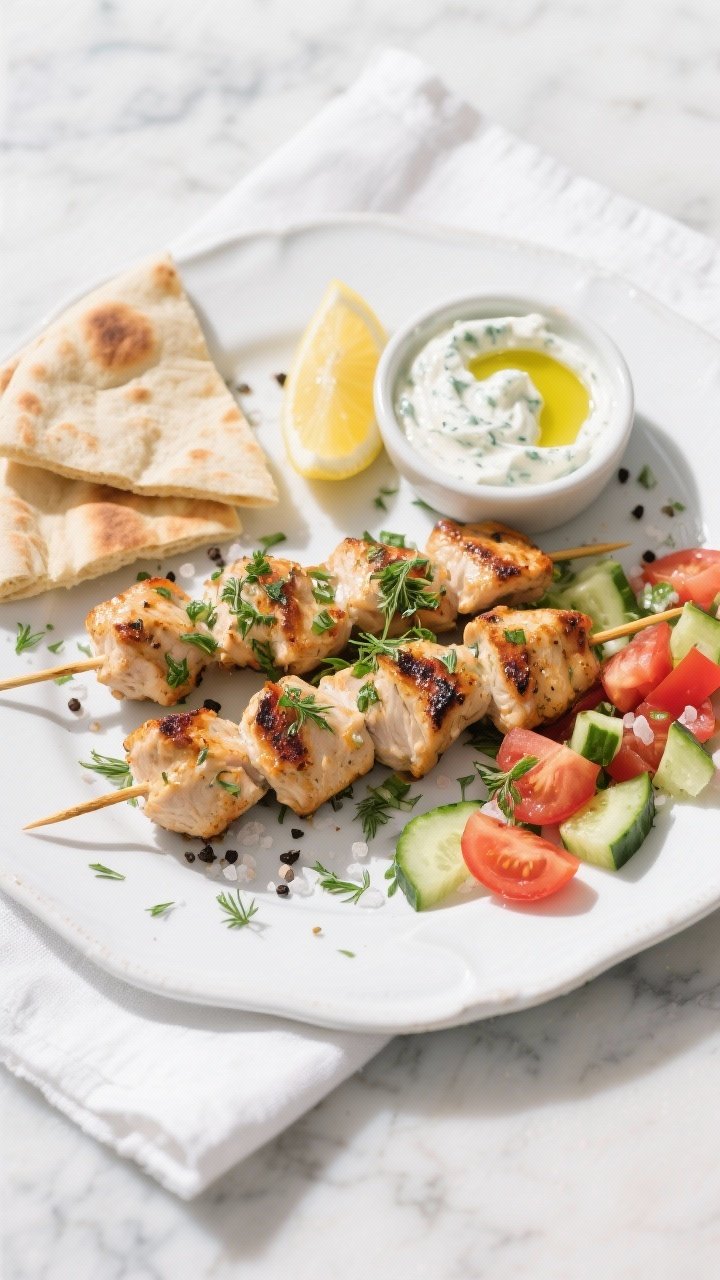 Final dish, tasty top view: Overhead shot of Greek yogurt marinated chicken skewers fully cooked and