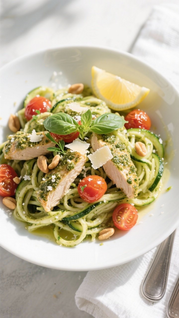 Final dish, tasty top view: Overhead shot of Healthy Chicken Pesto Zucchini Noodles twirled into a s