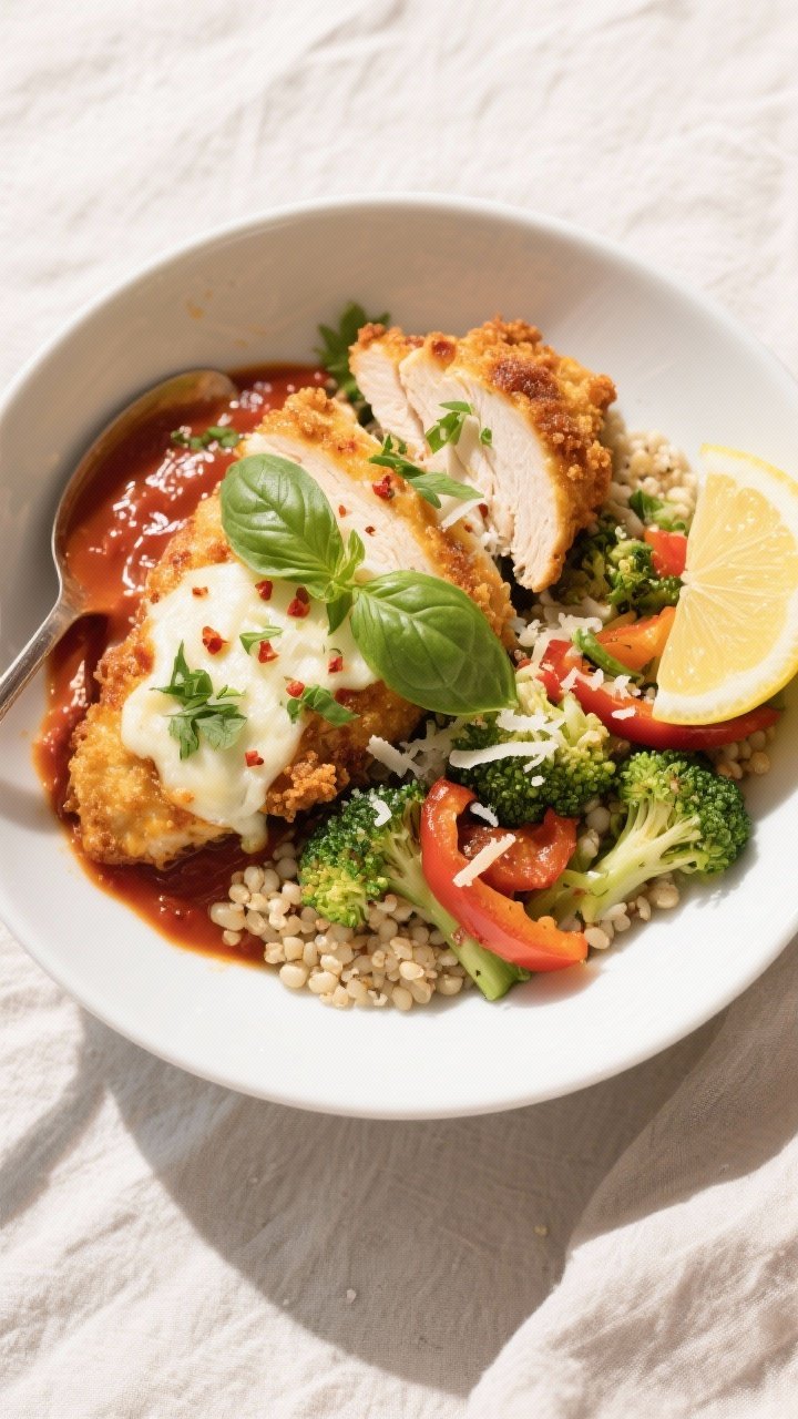 Final dish, tasty top view: Overhead shot of Healthy High Protein Chicken Parmesan Bowl — sliced c