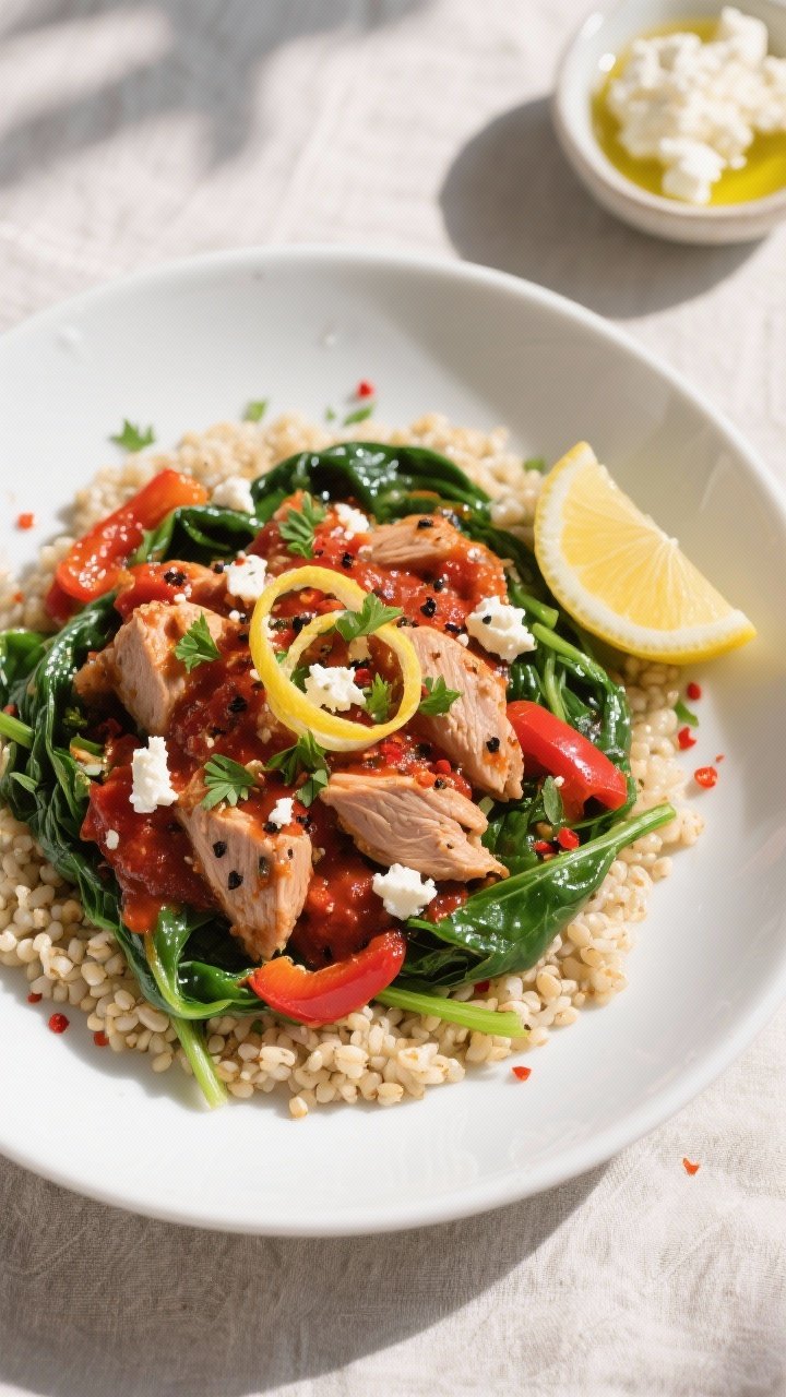 Final dish, tasty top view: Overhead shot of Healthy High Protein Turkey Spinach Skillet served in a