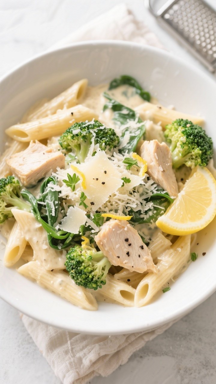 Final dish, tasty top view: Overhead shot of Healthy High Protein Chicken Alfredo Protein Bowl—al