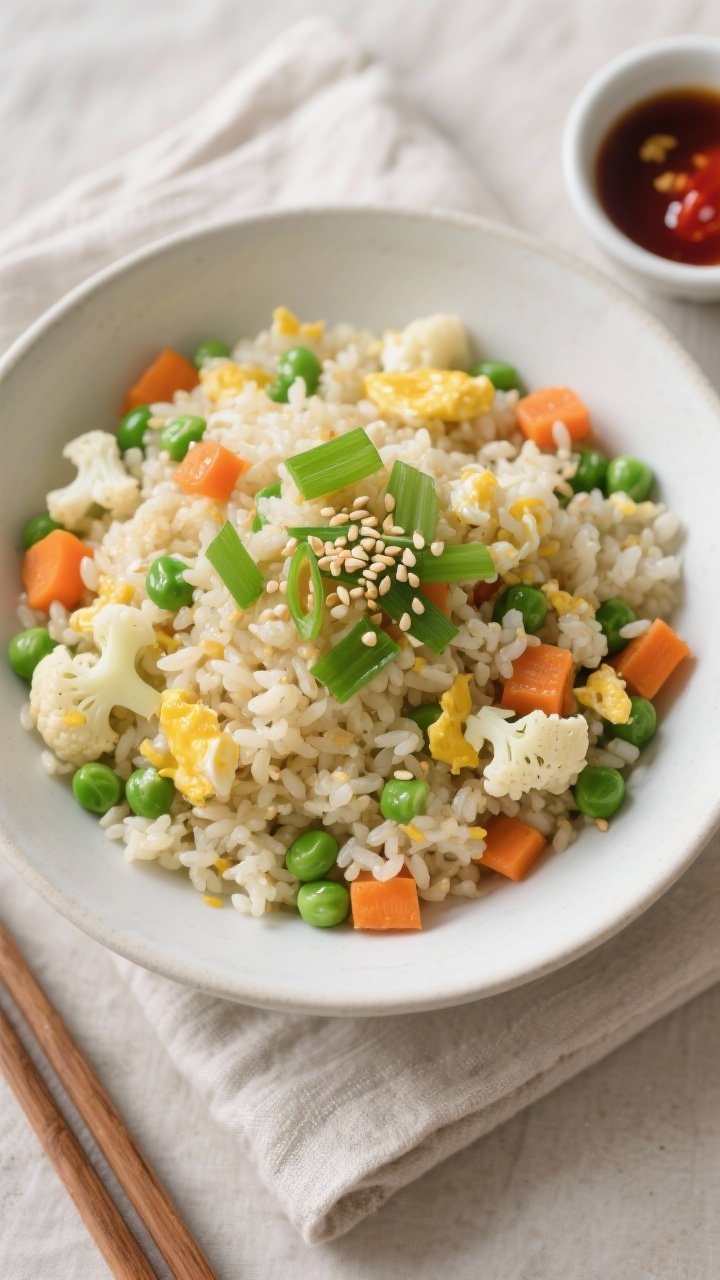 Final dish, tasty top view: Overhead shot of Healthy Low Calorie Cauliflower Fried Rice plated in a 