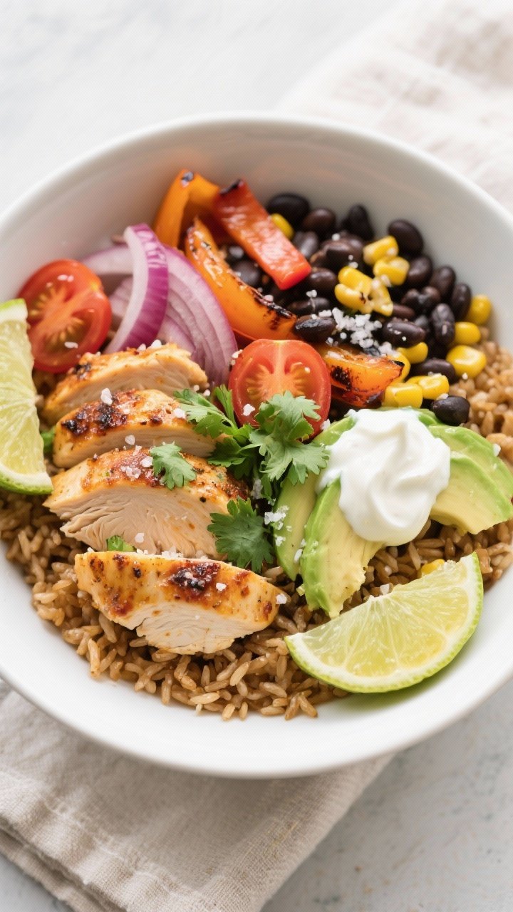 Final dish, tasty top view: Overhead shot of Healthy Chicken Taco Bowls beautifully assembled in wid