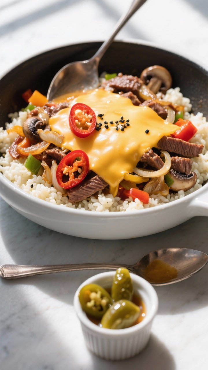 Final dish, tasty top view: Overhead shot of High Protein Philly Cheesesteak Skillet spooned over fl