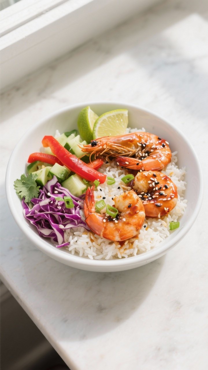 Final dish, tasty top view: Overhead shot of High Protein Spicy Shrimp Rice Bowl in a wide white bow